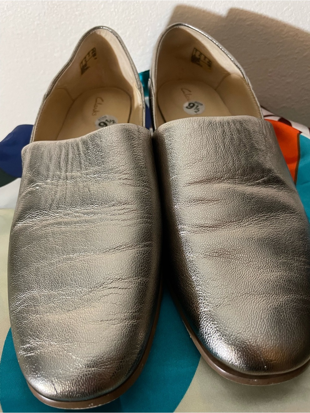 Clarks Women’s Metallic Silver Leather Slip-On Loafers